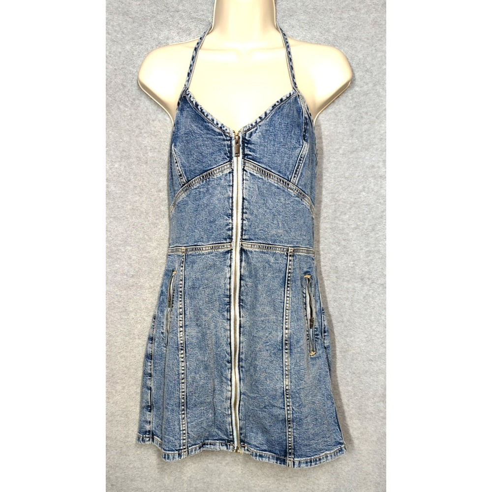 Denim Sexy Mini Dress Size 8 Zip Up Front Halter Top Blue On Trend Playful Boho